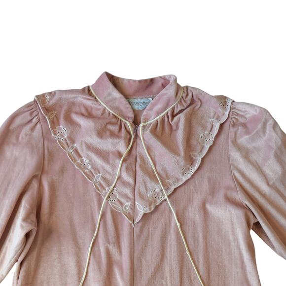Vintage 80s Pastel Pink Velour House Dress Cozy Velvet Sleep Gown Size ML - Picture 2 of 7